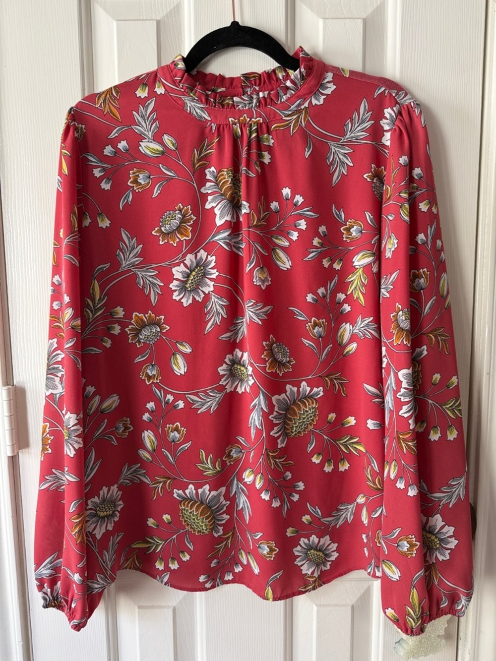 LOFT Pink Floral Ruffle-Neck Long Sleeve Blouse